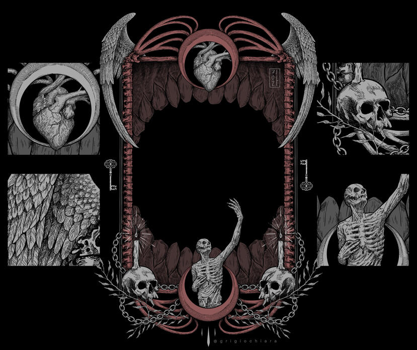 IN UMBRA MORTIS, COR LUCET (details) ~ This illustration is inspired by the Transi de René de Chalon, a funerary sculpture created around 1545 by Ligier Richier. His work depicts a life‑size ‘transi’, a type of effigy showing the deceased in a state of dec