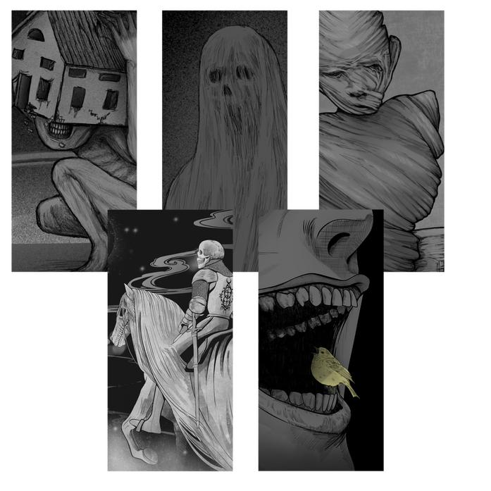Fragments from black‑and‑white dark‑horror illustrations. 2024