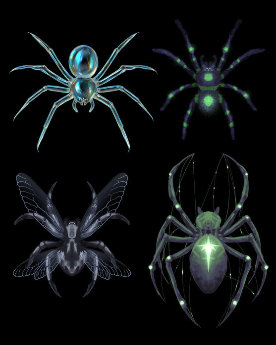 A selection of surreal fantasy spider illustrations from a personal study. (2026)