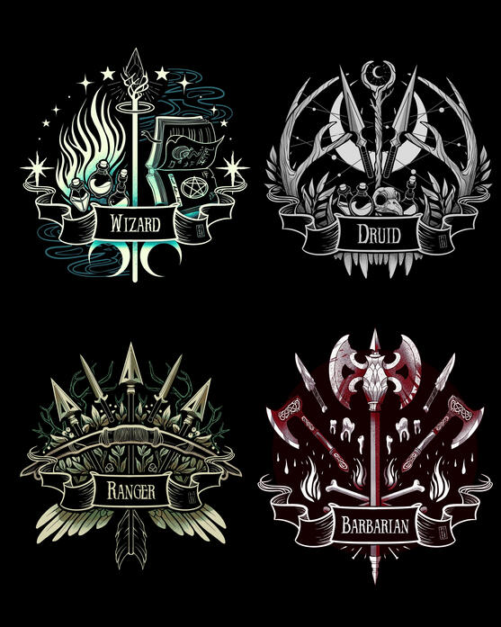 Fantasy Class Emblems ~ A selection of emblem illustrations inspired by classic fantasy role‑playing classes. (2024)