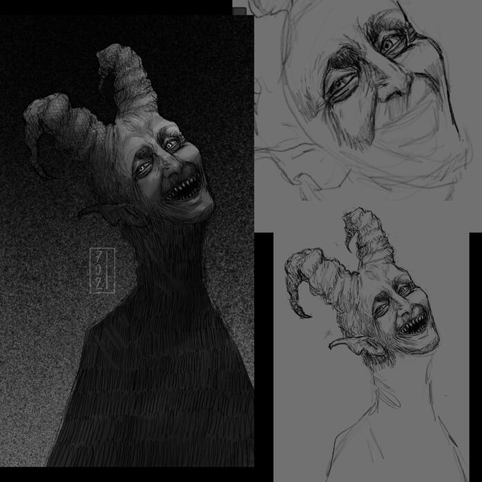One Day, One Demon — Sketches ~ A progression of sketch stages from the ongoing series One Day, One Demon.