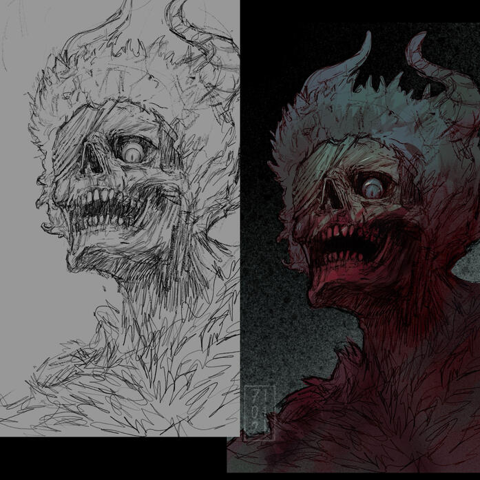 One Day, One Demon — Sketches ~ Two sketch stages from the ongoing series One Day, One Demon.