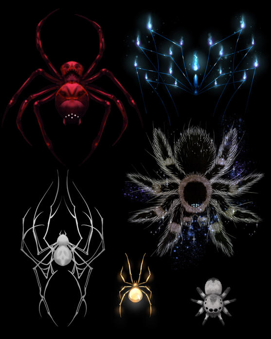 A selection of surreal fantasy spider illustrations from a personal study. (2026)