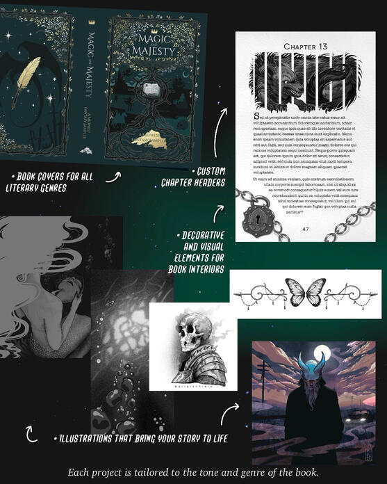 Book Illustration & Cover Design ~ Examples of book‑related illustration and cover design work, including decorative and structural elements.