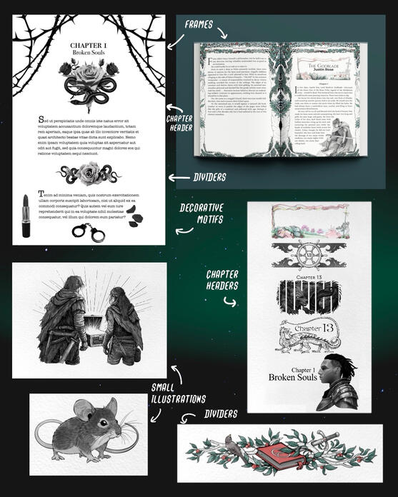 Illustration Elements for Book Projects ~ Illustrative and graphic elements developed for book interiors, chapter structures, and cover layouts.